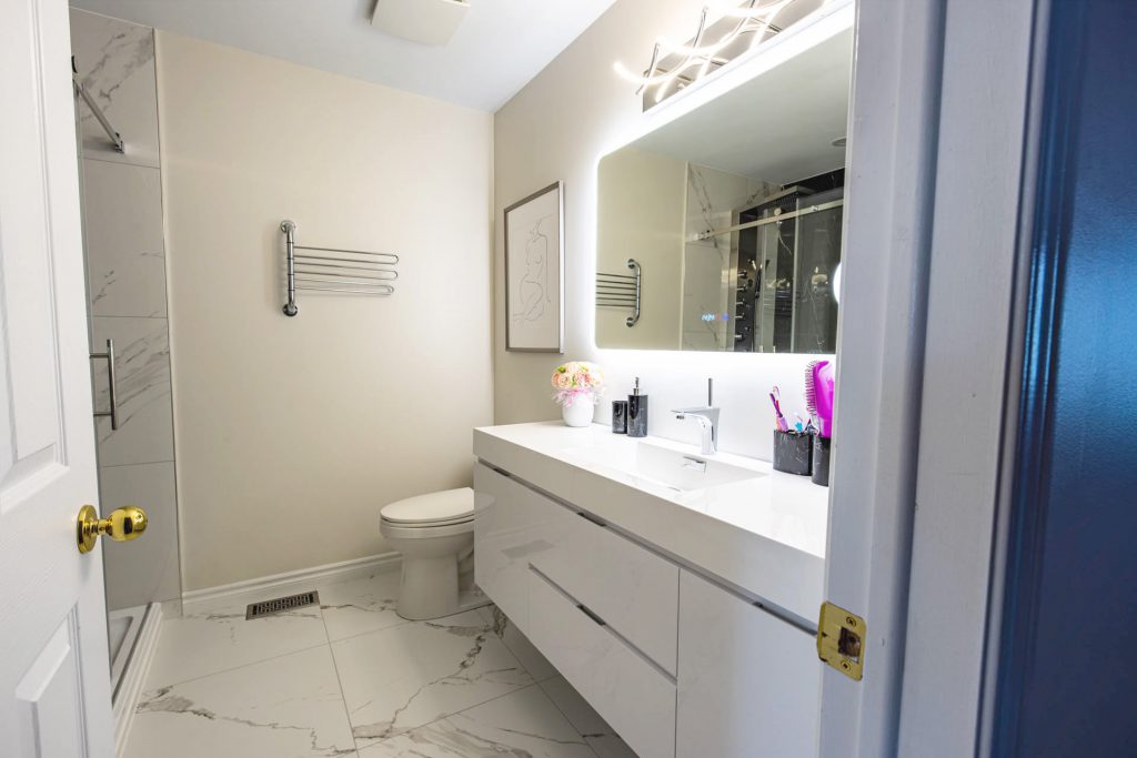 luxury bathroom renovation with floating vanity 