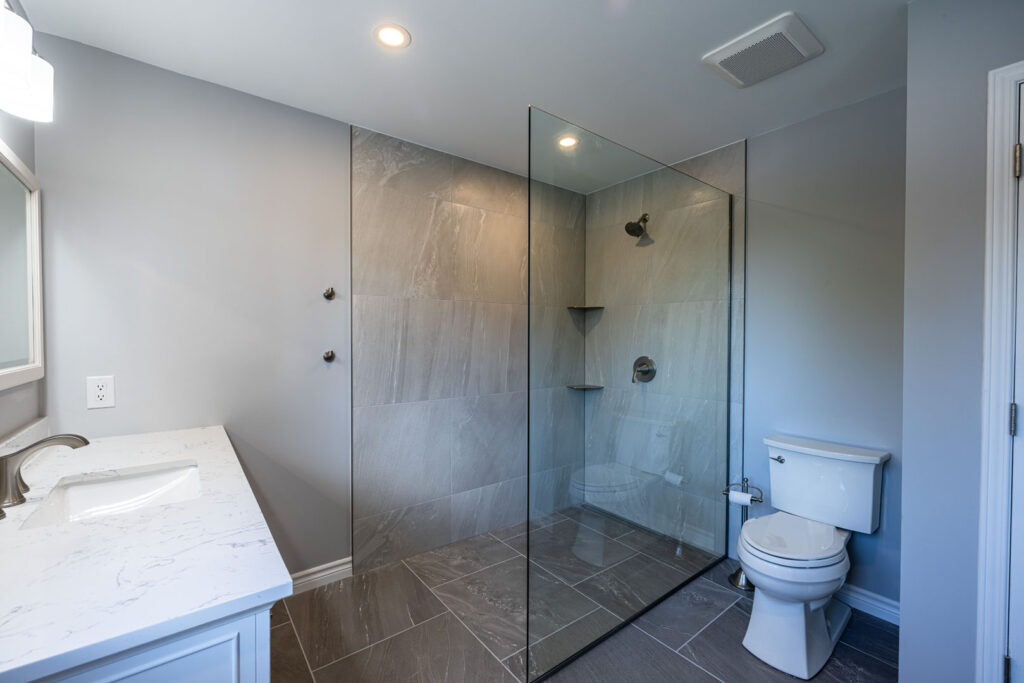 walk-in shower with toilet and vanity