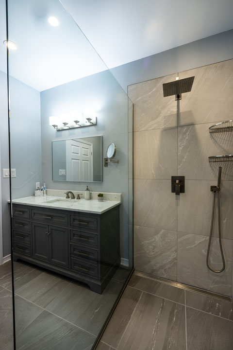wayfair vanity and tub to shower Schluter shower