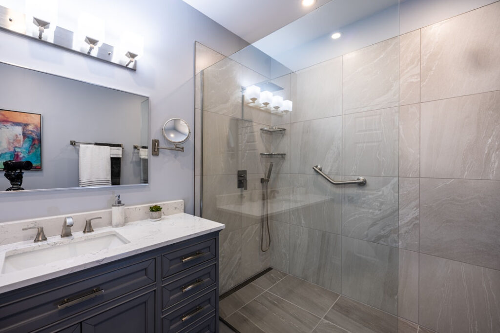 bathroom renovation with clear glass shower door
