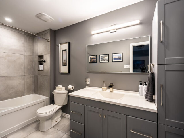 grey vanity brushed bathroom renovation