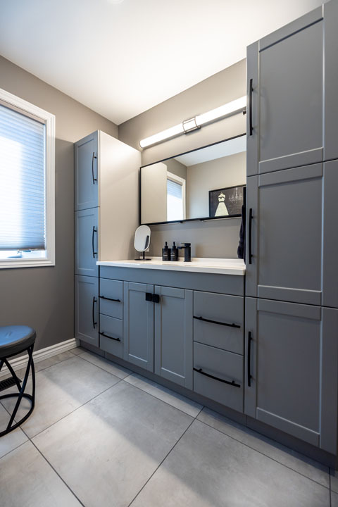 grey vanity with side linen towers