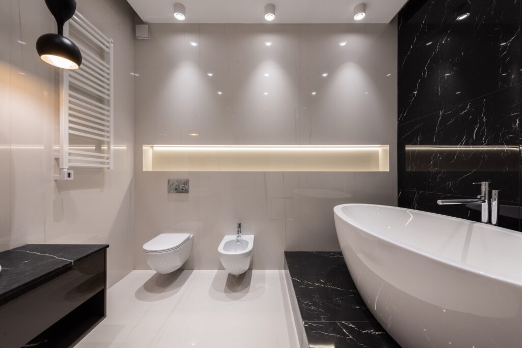 two toilet seat with led lighting on top with free standing bath tub
